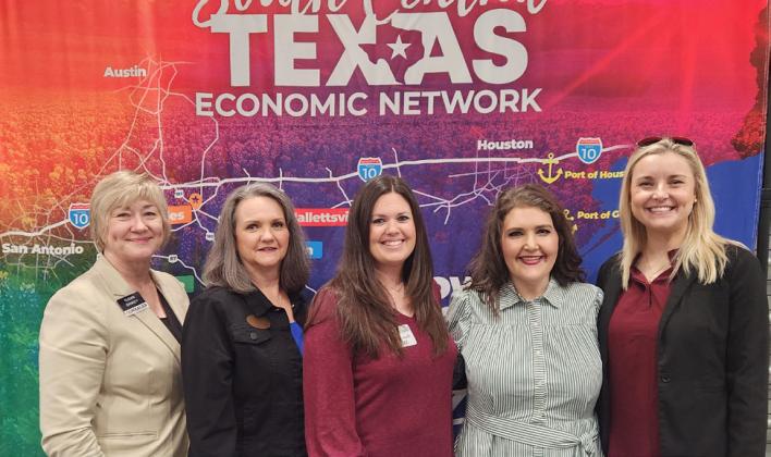 Hosts of last week’s Economic Development Summit include (L-R): Susan Sankey, executive director of the Gonzales EDC; Genora Young, executive Director of Yoakum EDC; Chelsea Steffek, administrator for Hallettsville EDC; and, Maggie Cromeens executive director of Cuero Development Corporation. GVEC’s Daisy Freeman, right, served as panel moderator. (contributed photo)