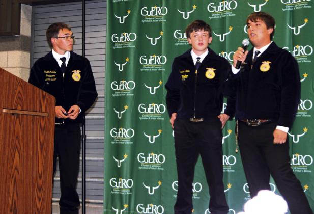 Cuero FFA’s Tractor Technology team of Truitt Luddeke, Braden Hahn and Nathan Oakes describe the types of tractor repairs they solve in competition. The trio won the state championship at the 2024 Houston Livestock Show. (Staff photo)