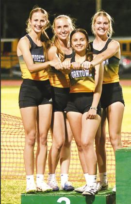 The Kitty Kat 4x400m Relay: (l-r) Claire Person, Rylie Krueger, Gabi Romans and Kendyll Sinast placed 3rd and advanced to area. CONTRIBUTED PHOTO