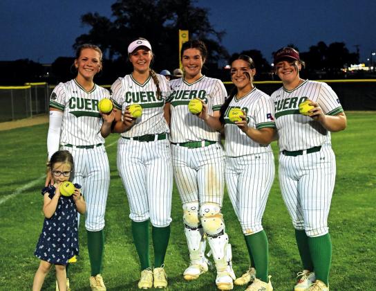 The Lady Gobblers hit six home runs Tuesday night. (L to R) Carly Pullin hit two over the fence, and Bromli Watson, Julianna Cox, Lainee Ballin and Camdyn Lange each hit one. Also shown is Maddyn Fikac holding one of the home run balls.