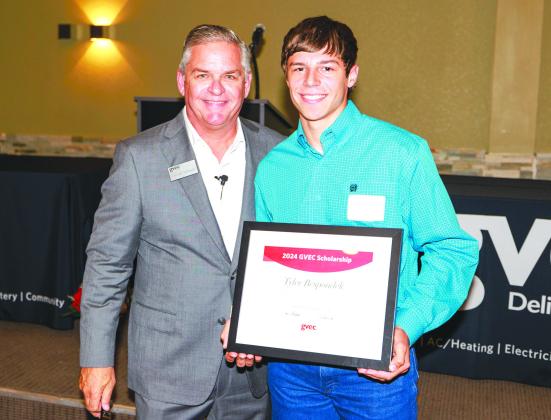 Yorktown High School senior Tyler Respondek recently received a 2024 GVEC Scholarship. Respondek was one of 20 awardees, each of whom was presented with a scholarship by GVEC General Manager and CEO Darren Schauer. He plans to attend Texas A&amp;M University this fall. CONTRIBUTED PHOTO