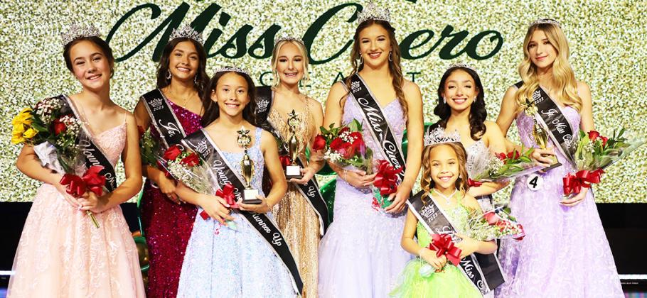 Pictured from left are Emma Garibay, Young Miss Cuero; Emily Woods, Jr. Miss Cuero; Bailey Woods, Young Miss Cuero first runner-up; Jackie Finney, Miss Cuero first runner-up; Ella Jander, Miss Cuero; Charlene Belvin, Little Miss Cuero; Lauren Gonzales, Miss Cuero second runner-up; and Madyx Blain, Jr. Miss Cuero first runner-up.