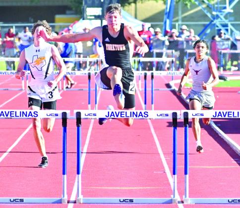 Yorktown’s Tyler Respondek competes in the 300-meter hurdles at the Region IV-2A Track and Field Meet. PHOTO BY COY SLAVIK/THE YORKTOWN NEWS-VIEW