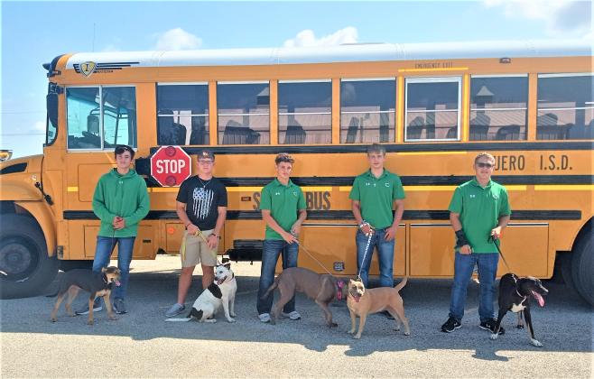 Garrett Mills, Garrett Lantz, Barrett Smith, Trevor Seals, and Gavin Flessner were part of the Gobbler athletes that went out to Pet Adoptions of Cuero recently to help give the dogs some much needed exercise and attention. 