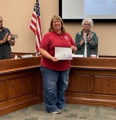 Cheryl Merzbacher, Environmental Supervisor with the City of Cuero, was recognized for improving recycling efforts in Cuero and taking care of the environment.