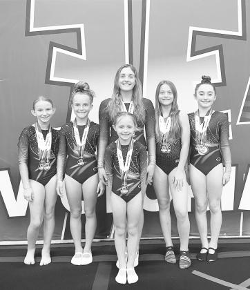 The Full Force Trampoline and Tumbling team attended the South Texas State Championships in Katy on April 21-23. The competition was the team’s first opportunity to qualify for this summer’s national championships, which will be held in Tulsa, Oklahoma and Palm Beach, Florida. The following athletes won gold medals and are 2023 South Texas state champions. Pictured from left are Ally Baughman, Elizabeth Creamer, Jaden McCarter, Daizy Rickman, Caleigh Ganaway and Kory Weinheimer. CONTRIBUTED PHOTO