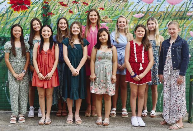 Pictured are the Miss, Jr. Miss and Young Miss Cuero contestants. Front row from left, Bailey Woods, Lauren Gonzales, Bailey June Dolan, Payton Hahn, Gracie Kelley and Taylor Mayfield. Back row from left, Emily Woods, Emma Rose Garibay, Ella Jander, Jackie Finney and Madyx Saige Blain.