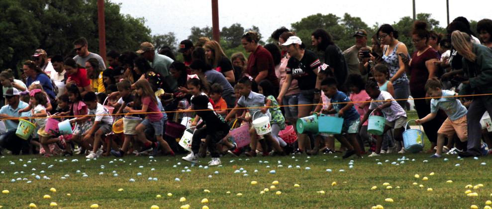 The hunt is on for eggs at the Cuero Easter Egg Hunt on Saturday, March 30, at the soccer fields. Hundreds of yellow and blue eggs held treats and a few had slips for special prizes. (Photo by Virginia S. Gilstrap)