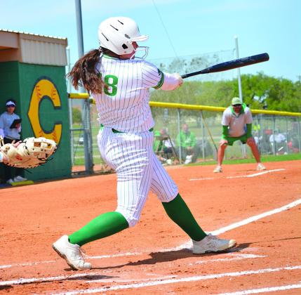 The Lady Gobblers beat the Poth Pirettes 2-1 on Monday, March 13, in a hard fought game at home. Catcher, Julianna Cox, drives a ball to the fence for a double.