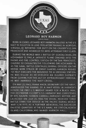 Above: A Texas Historical Commission marker commemorates Leonard Roy Harmon and his legacy outside the Cuero Municipal Park Clubhouse.