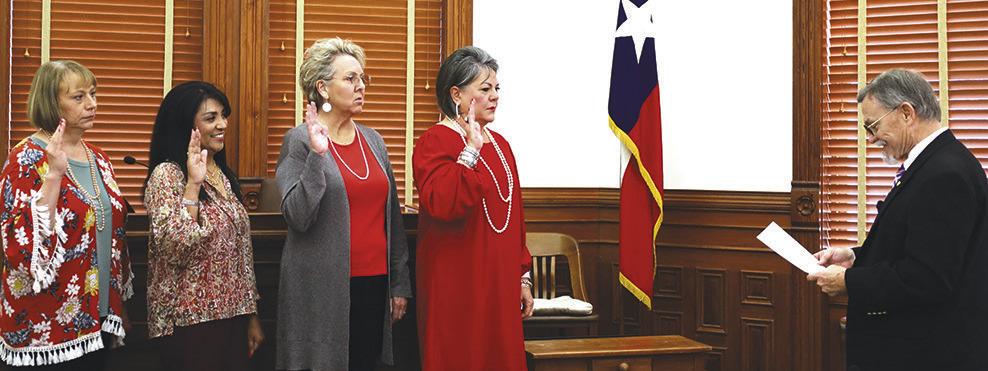 On Tuesday, Jan. 3, County Clerk Natalie Carson, District Clerk Esther Ruiz, County Treasurer Carol Martin and Justice of the Peace, Pct. 1, Peggy Mayer were sworn into county and district court offices by DeWitt County Judge Daryl Fowler. PHOTO BY SONYA TIMPONE/ YORKTOWN NEWS-VIEW