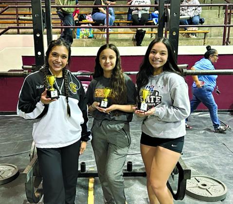 Several Yorktown Kitty Kat powerlifters qualified to compete in the Regional Powerlifting Meet this week. Pictured from left are Aubri Longoria, Gabi Romans and Addison Rosales. CONTRIBUTED PHOTO