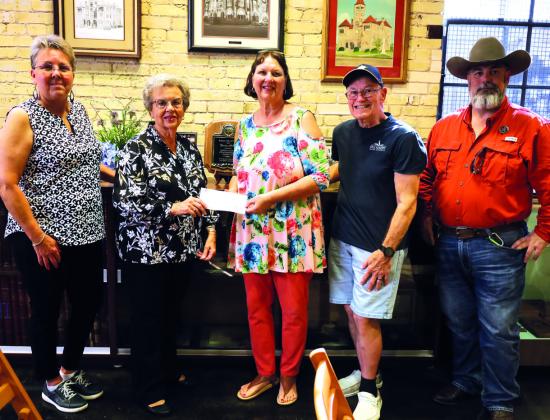 $150 Community Donation to the DeWitt County Historical Commission. Representing the Historical Commission, L to R: Carol Martin, Treasurer, Peggy Ledbetter, Chair. Representing HP Branch 2, Cathy Hurta, Secretary/Treasurer, Ronnie Dietz, President, and John Garoni, Vice-President.