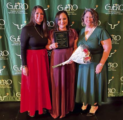 Samantha Bayfus, center, was awarded the Larry Carter Community Service Award. On left is Sara Blain and right is Angie Cuellar. Photos courtesy of Cuero Chamber of Commerce