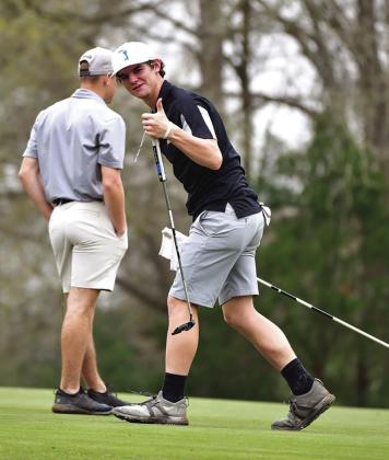 Cameron Willis gives a thumbs up after completing a hole in Weimar’s Invitational Tournament.