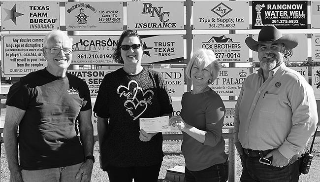Hochheim Prairie Insurance Branch 2 of Cuero donated $300 to Cuero Little League for a team sponsorship on Tuesday, Feb. 14. President of the branch Ronnie Dietz (far left), Vice President John Garoni (far right) and Treasurer Cathy Hurta (middle left) are shown presenting the check to Janie Hill (middle right), Cuero Little League President. PHOTO BY SONYA TIMPONE/THE CUERO RECORD